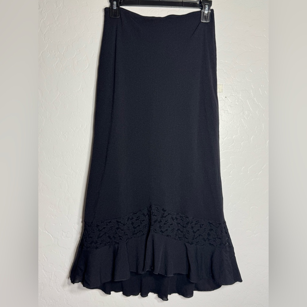 Langevin Paris Black Ruffle Hem Midi Skirt Made in France‎ Lace Trim Vintage